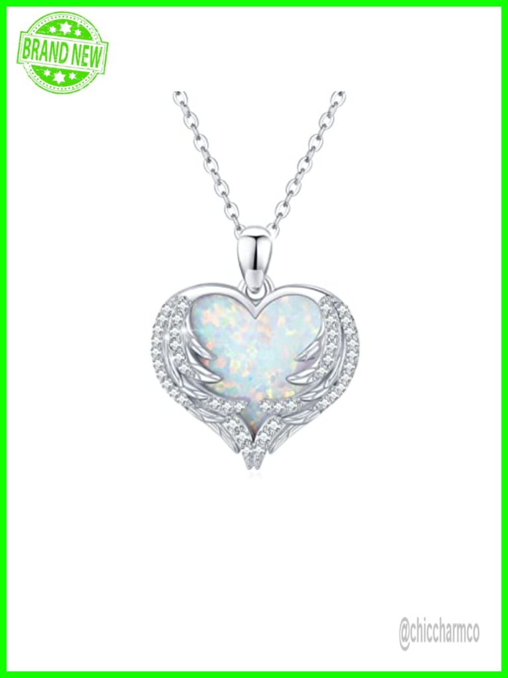 Opal Heart Angel Wing Necklace 925 Sterling Silver Platinum Plated Pendant